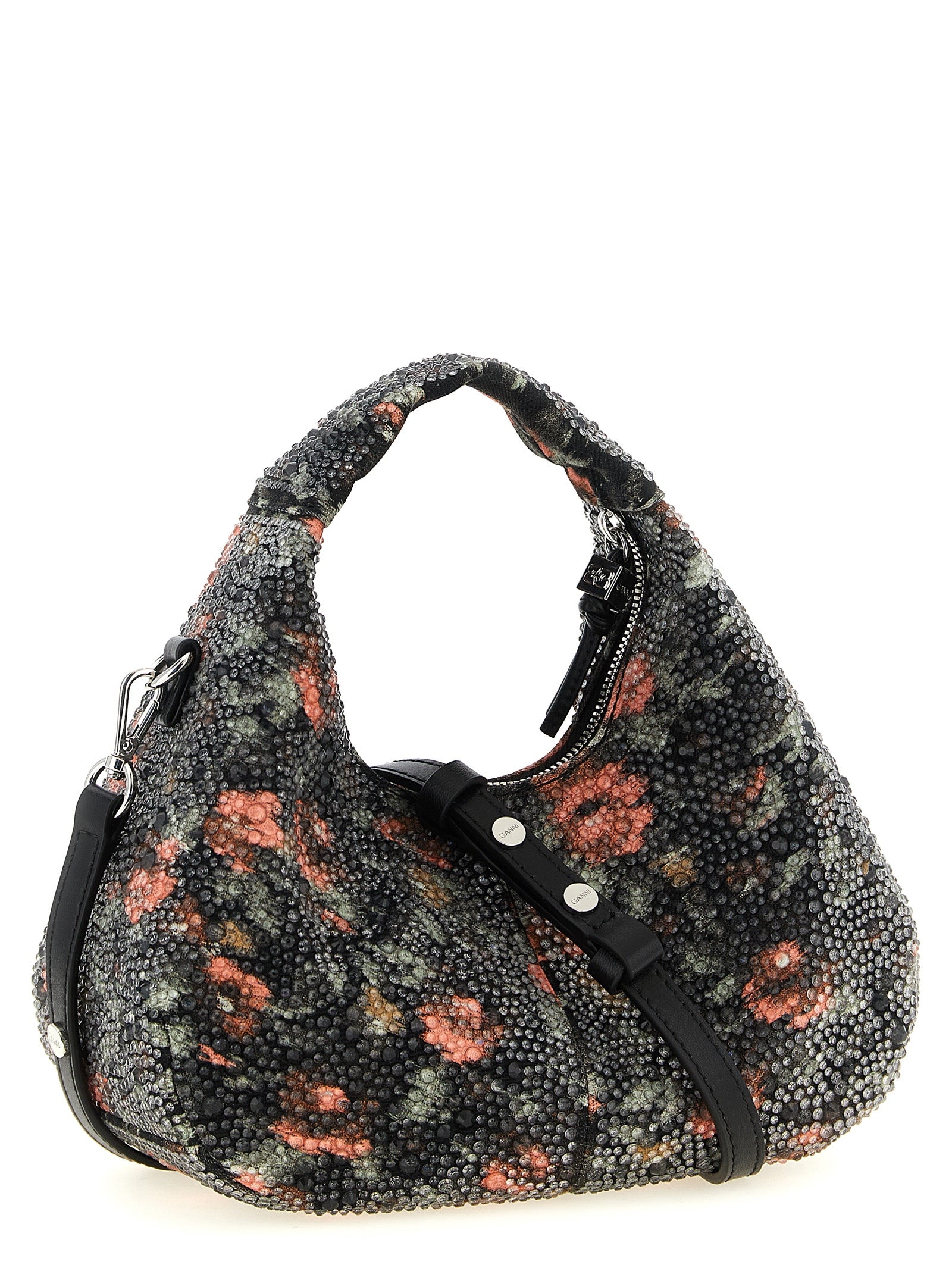 Mini Hobo Handbag by Ganni for women in stretch cotton multicolor, silver, floral & signature features an refined silhouette, showcasing a secure zipper, ample , and versatile handle & adjustable-strap for a sophisticated refined aesthetic.