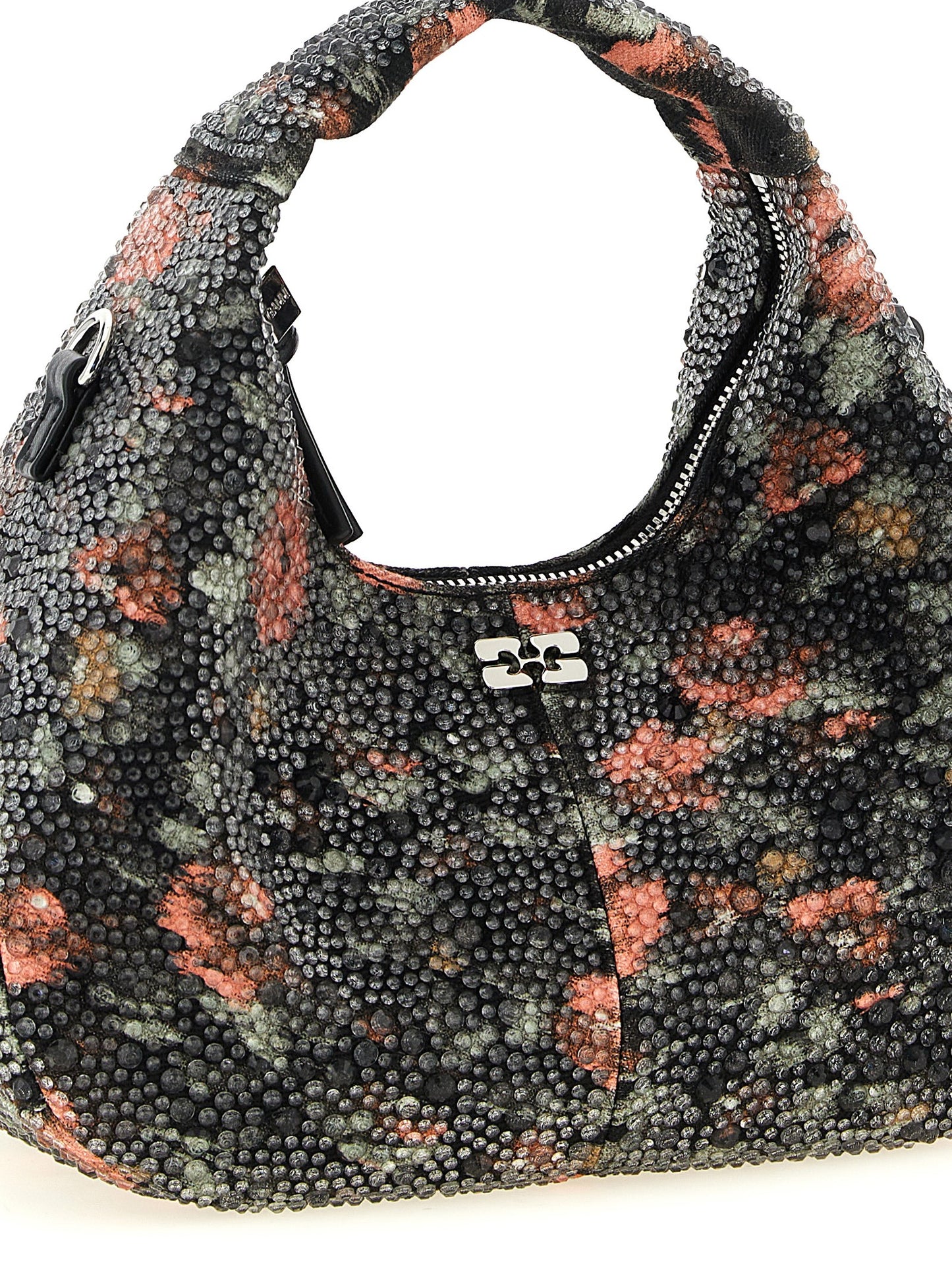 Mini Hobo Handbag by Ganni for women in stretch cotton multicolor, silver, floral & signature features a ornamental silhouette, showcasing a secure zipper, ample , and ornamental handle & adjustable-strap for a sophisticated look.