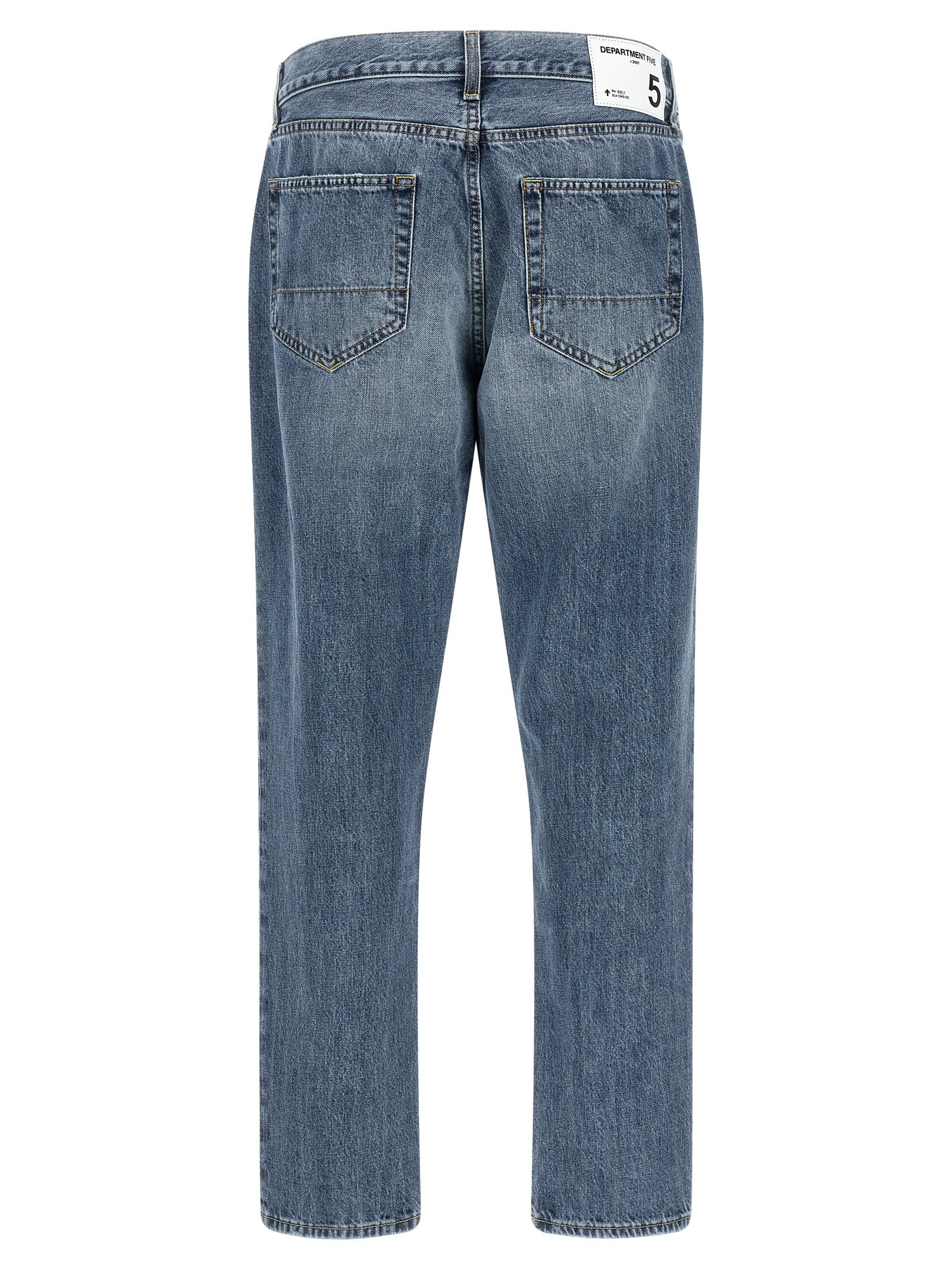Jeans by Department 5 for men in denim cotton blue & white features a polished silhouette with a polished tapered-leg & cropped, reaching a polished cropped and finished with a polished .