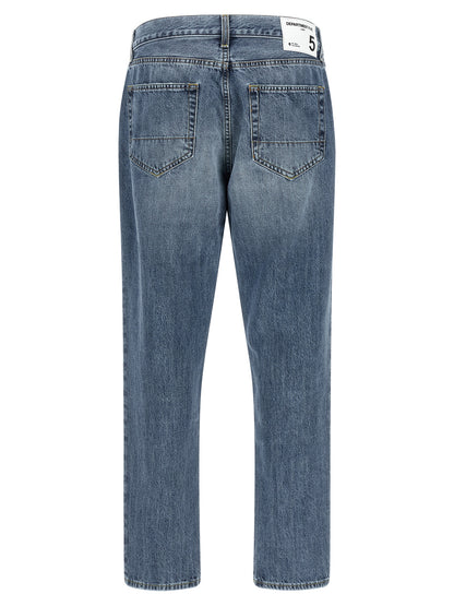 Jeans by Department 5 for men in denim cotton blue & white features a polished silhouette with a polished tapered-leg & cropped, reaching a polished cropped and finished with a polished .