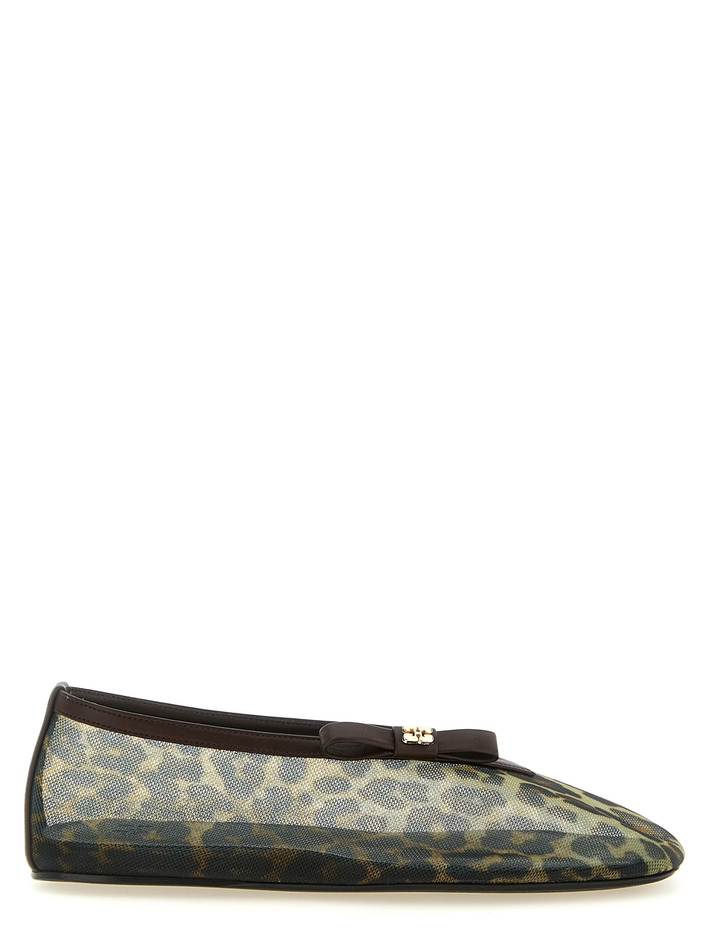 Ballet Flat Shoes by Ganni for women in nylon brown, gold, leopard-print & print presents a impeccable silhouette as Jenny Women's Nylon Ballet Flat Shoes, artfully designed with a and a impeccable for a refined, upscale finish.