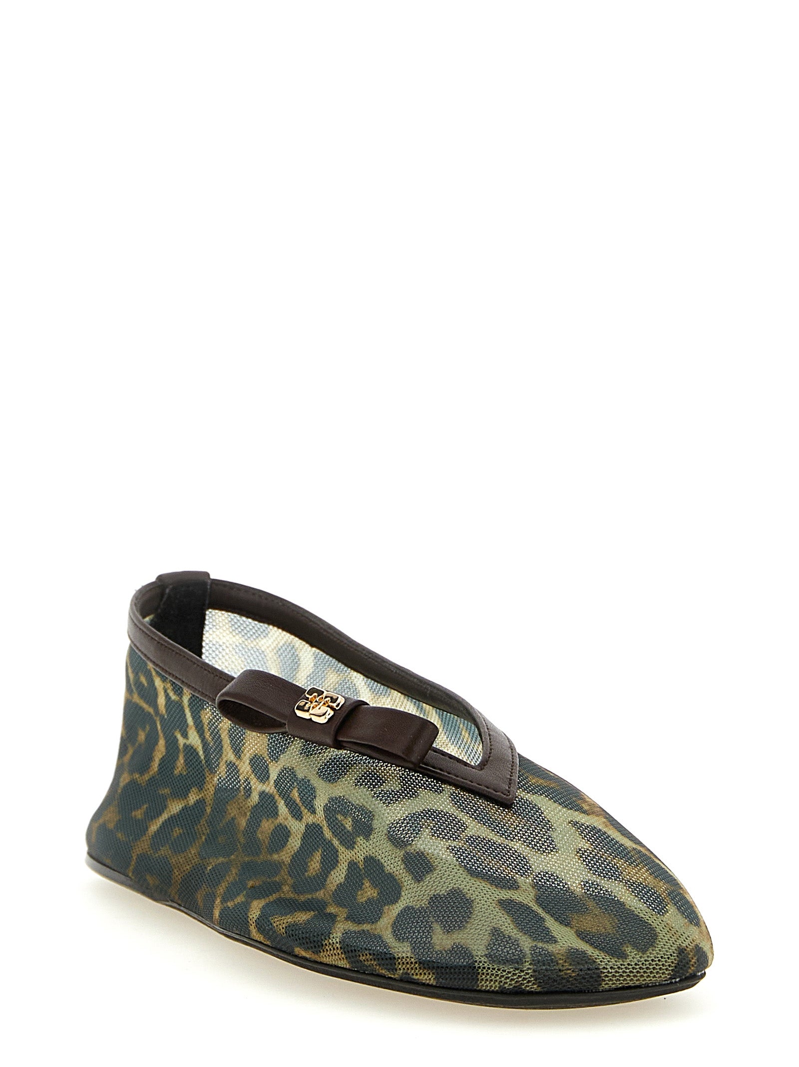 Ballet Flat Shoes by Ganni for women in nylon brown, gold, leopard-print & print showcases a enchanting silhouette as part of the Jenny Women's Nylon Ballet Flat Shoes collection, defined by a enchanting and for a enchanting look.