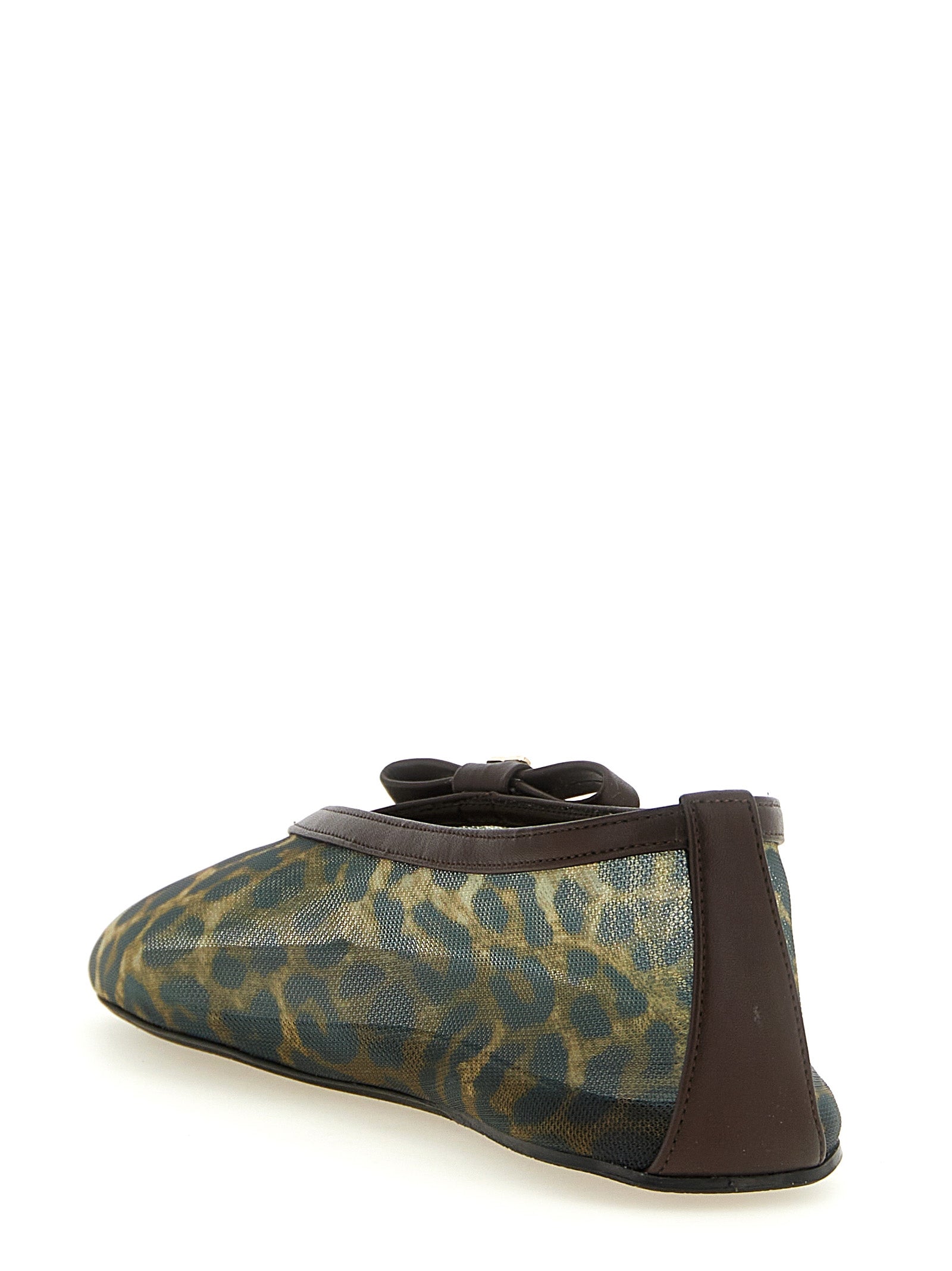 Ballet Flat Shoes by Ganni for women in nylon brown, gold, leopard-print & print showcases a resplendent Jenny Women's Nylon Ballet Flat Shoes aesthetic with a and .