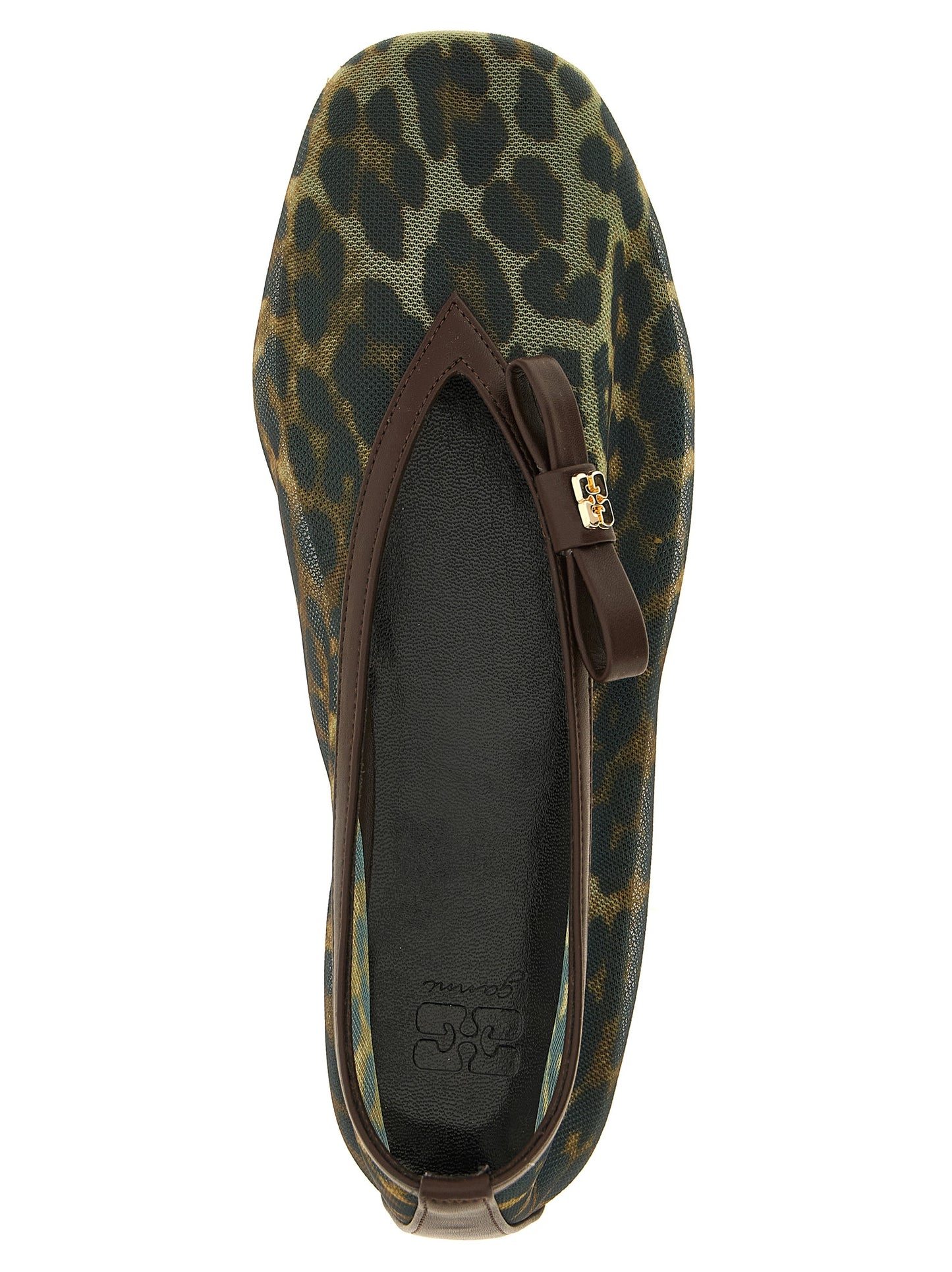Ballet Flat Shoes by Ganni for women in nylon brown, gold, leopard-print & print showcases a enchanting silhouette as part of the Jenny Women's Nylon Ballet Flat Shoes collection, defined by a enchanting and for a enchanting look.