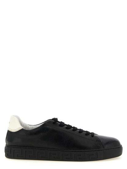 Sneakers by Versace for men in calfskin leather bicolour, black, gold, white, patterned & signature presents a on trend silhouette from the Play Men's Low Top Calfskin Leather Sneakers collection, showcasing a on trend low-top style for an elevated aesthetic.