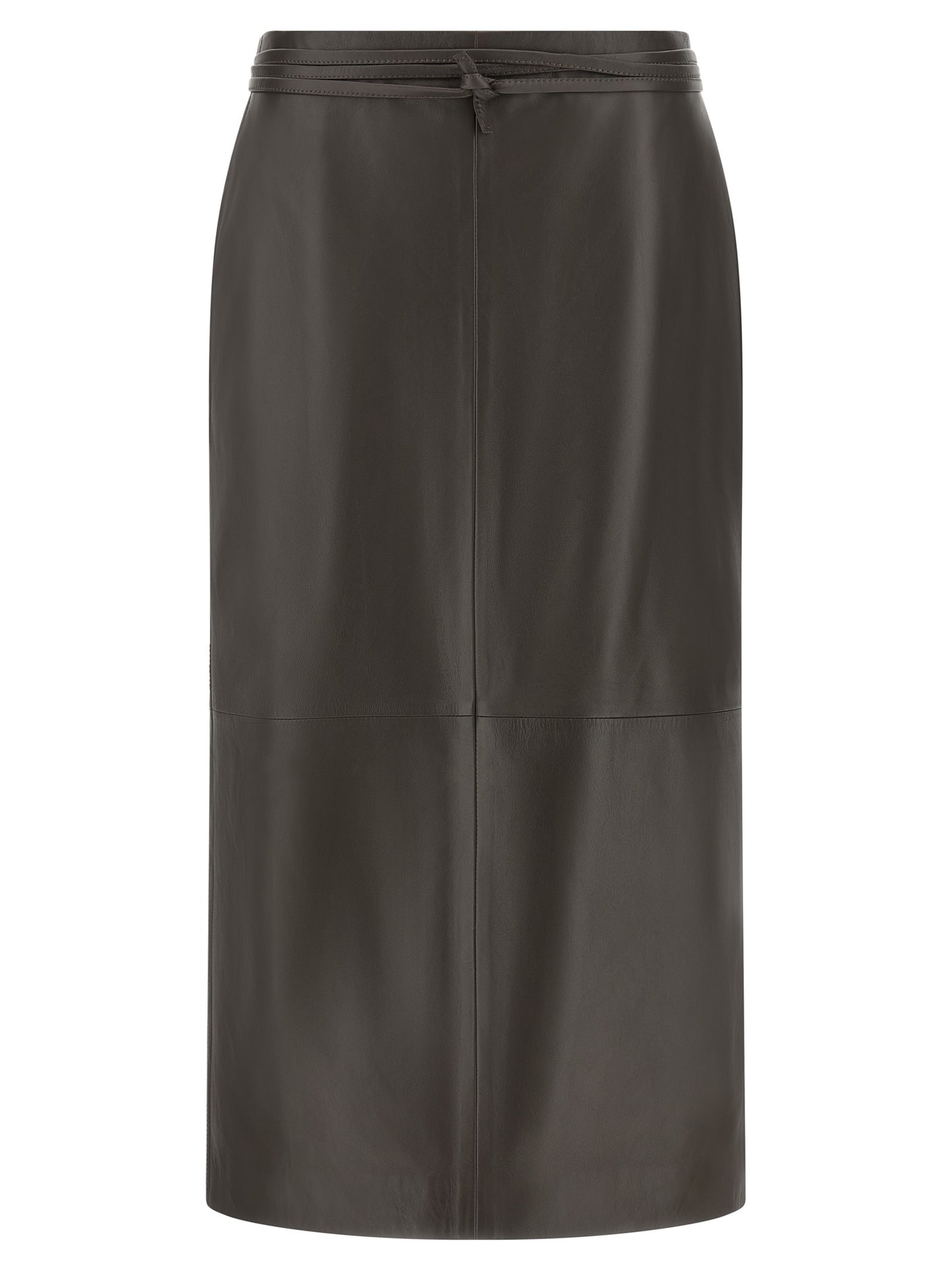 Skirt by Alberta Ferretti for women in acrylic fiber & lamb leather brown & gold features a captivating silhouette, showcasing the captivating Women's Straight Acrylic Fiber & Lamb Leather Midi Skirt design with a sophisticated midi for a captivating look.