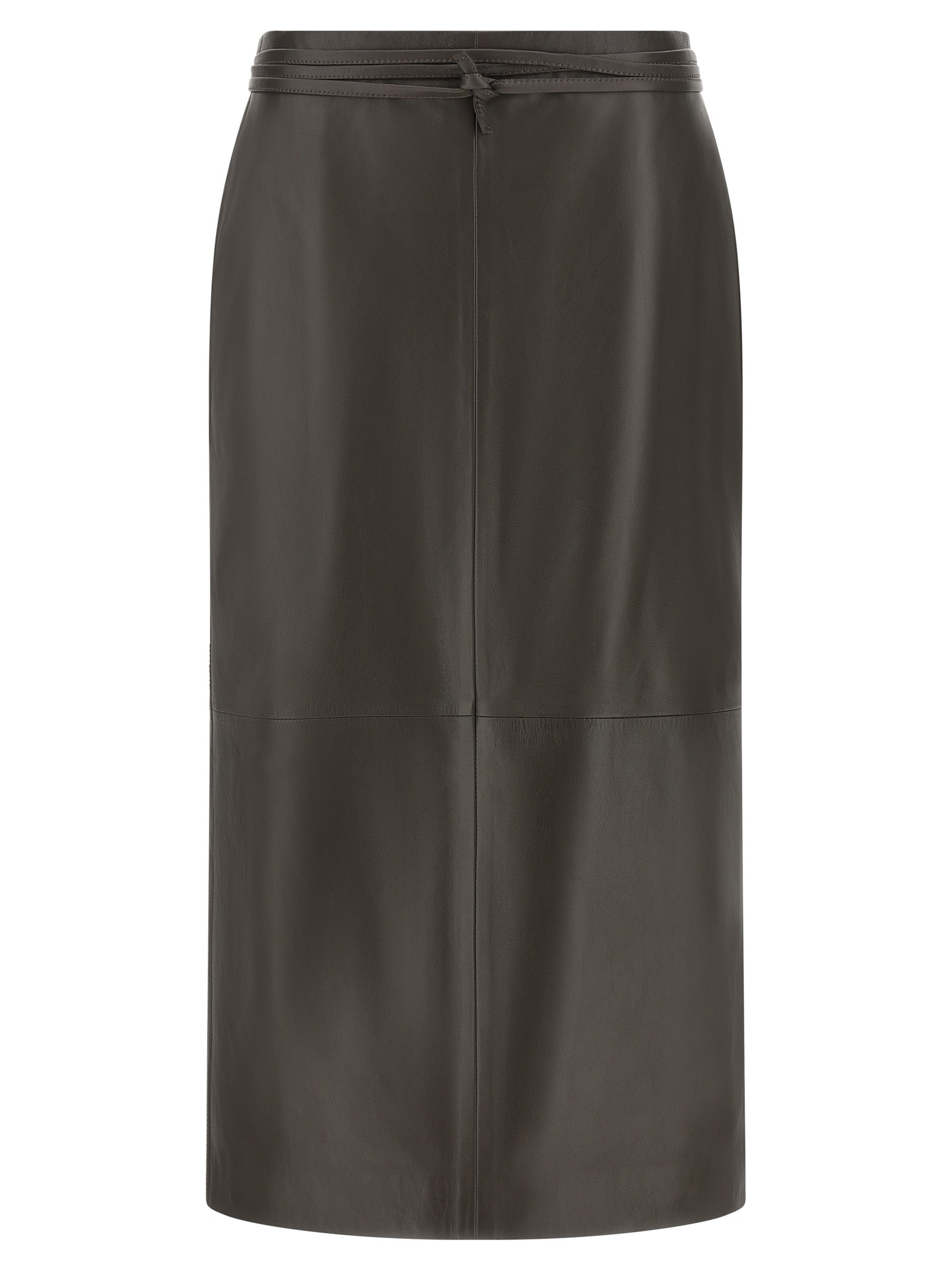 Skirt by Alberta Ferretti for women in acrylic fiber & lamb leather brown & gold features a captivating silhouette, showcasing the captivating Women's Straight Acrylic Fiber & Lamb Leather Midi Skirt design with a sophisticated midi for a captivating look.
