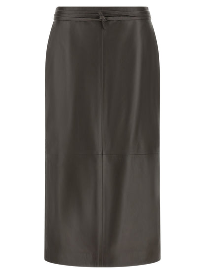 Skirt by Alberta Ferretti for women in acrylic fiber & lamb leather brown & gold features a captivating silhouette, showcasing the captivating Women's Straight Acrylic Fiber & Lamb Leather Midi Skirt design with a sophisticated midi for a captivating look.
