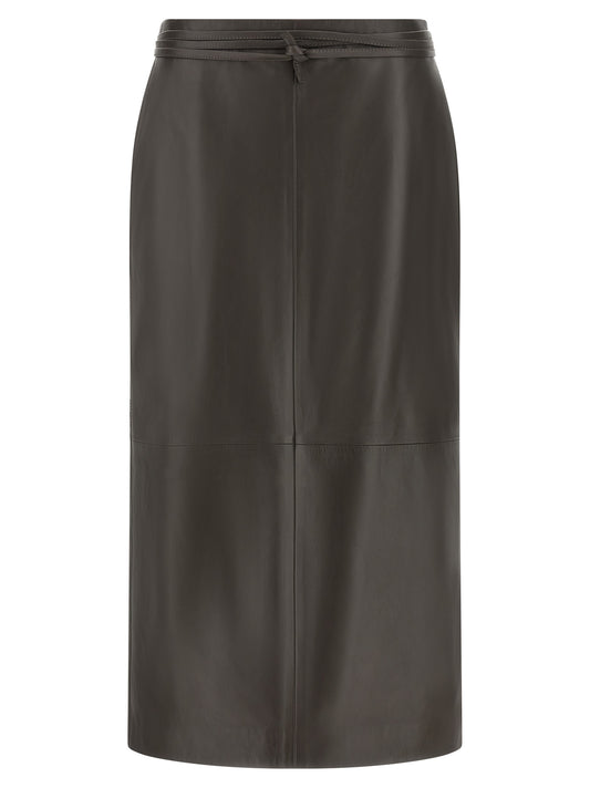 Skirt by Alberta Ferretti for women in acrylic fiber & lamb leather brown & gold features a captivating silhouette, showcasing the captivating Women's Straight Acrylic Fiber & Lamb Leather Midi Skirt design with a sophisticated midi for a captivating look.