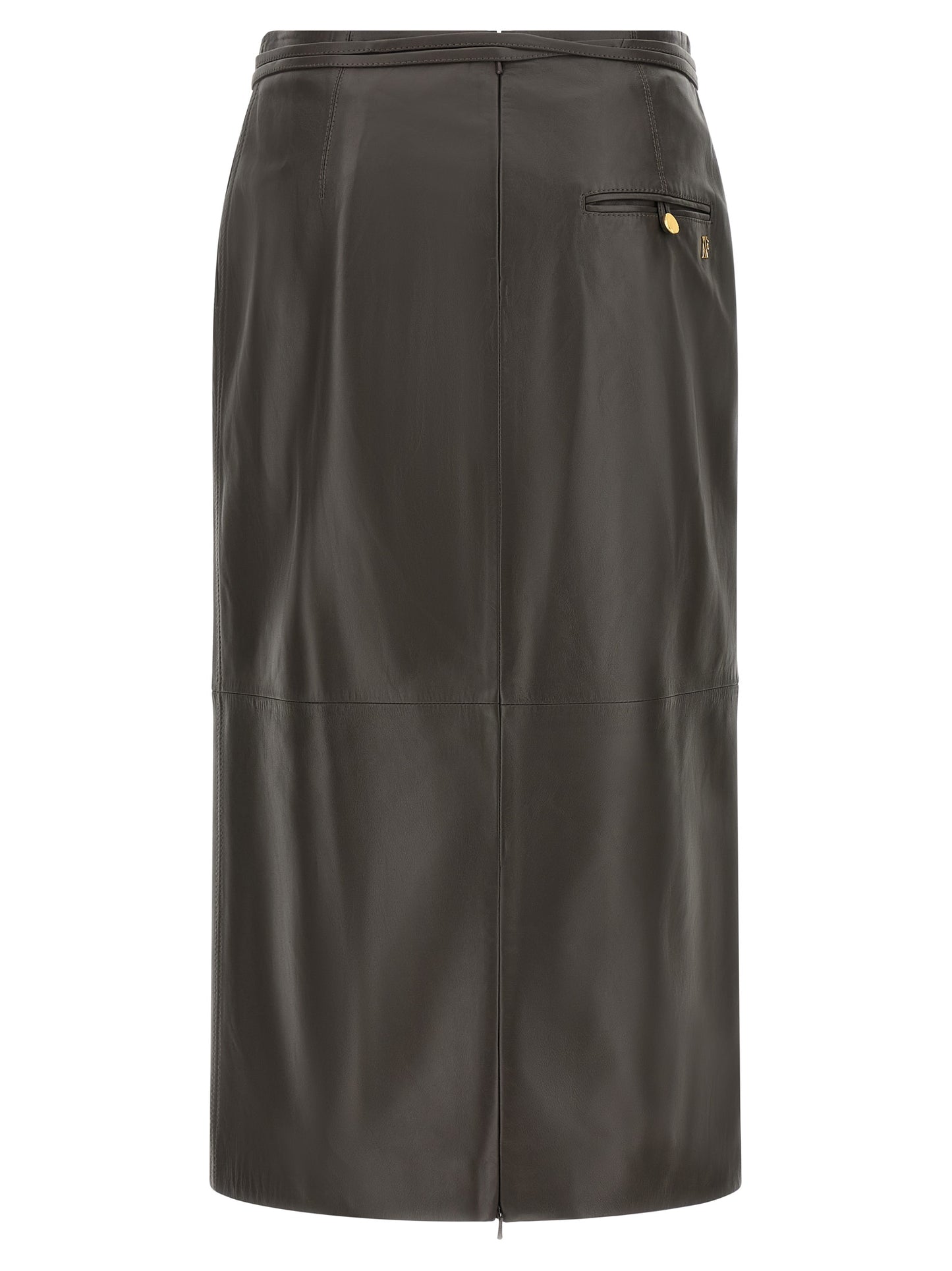 Skirt by Alberta Ferretti for women in acrylic fiber & lamb leather brown & gold showcases a sultry silhouette, elegantly defined by its midi and the sophisticated sultry design of the Women's Straight Acrylic Fiber & Lamb Leather Midi Skirt.