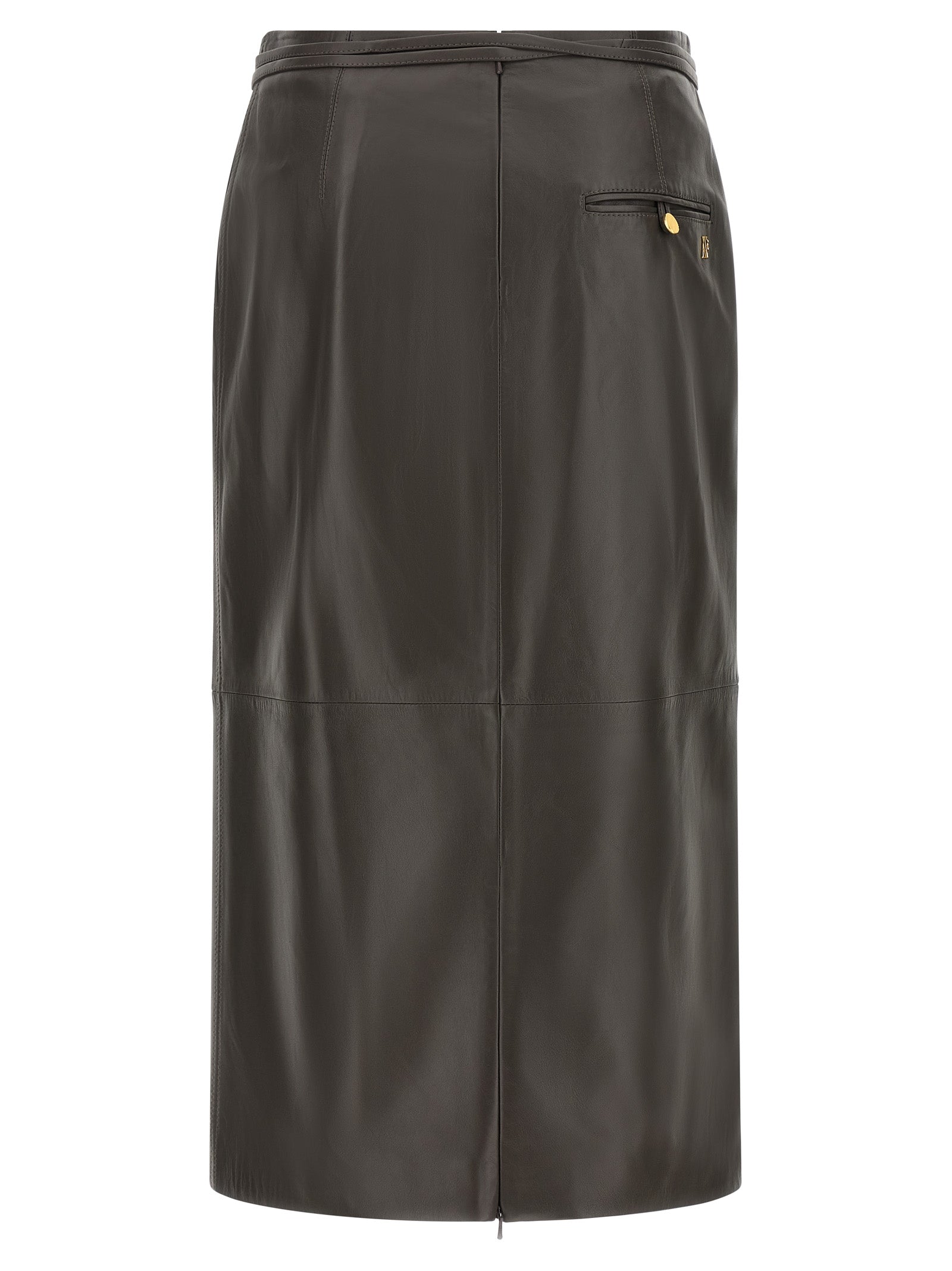 Skirt by Alberta Ferretti for women in acrylic fiber & lamb leather brown & gold showcases a sultry silhouette, elegantly defined by its midi and the sophisticated sultry design of the Women's Straight Acrylic Fiber & Lamb Leather Midi Skirt.