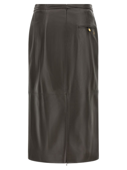 Skirt by Alberta Ferretti for women in acrylic fiber & lamb leather brown & gold showcases a sultry silhouette, elegantly defined by its midi and the sophisticated sultry design of the Women's Straight Acrylic Fiber & Lamb Leather Midi Skirt.