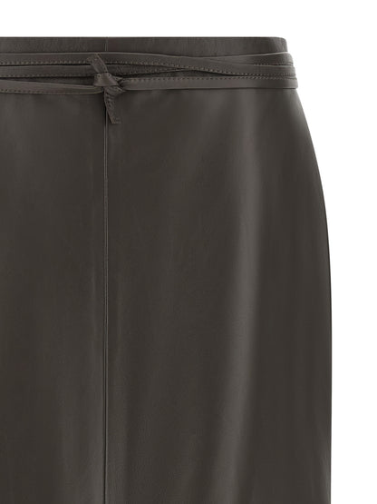 Skirt by Alberta Ferretti for women in acrylic fiber & lamb leather brown & gold features an relaxed-yet-refined silhouette that elegantly showcases the Women's Straight Acrylic Fiber & Lamb Leather Midi Skirt design and sophisticated midi.