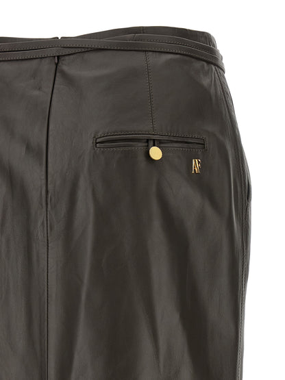 Skirt by Alberta Ferretti for women in acrylic fiber & lamb leather brown & gold features an tailored silhouette, artfully capturing the essence of Women's Straight Acrylic Fiber & Lamb Leather Midi Skirt in a sophisticated midi.