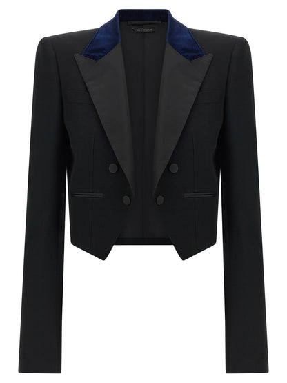 Blazer by Tom Ford for women in wool satin velvet black & dark-blue features an stylish silhouette, showcasing a sophisticated and stylish for a truly stylish finish.