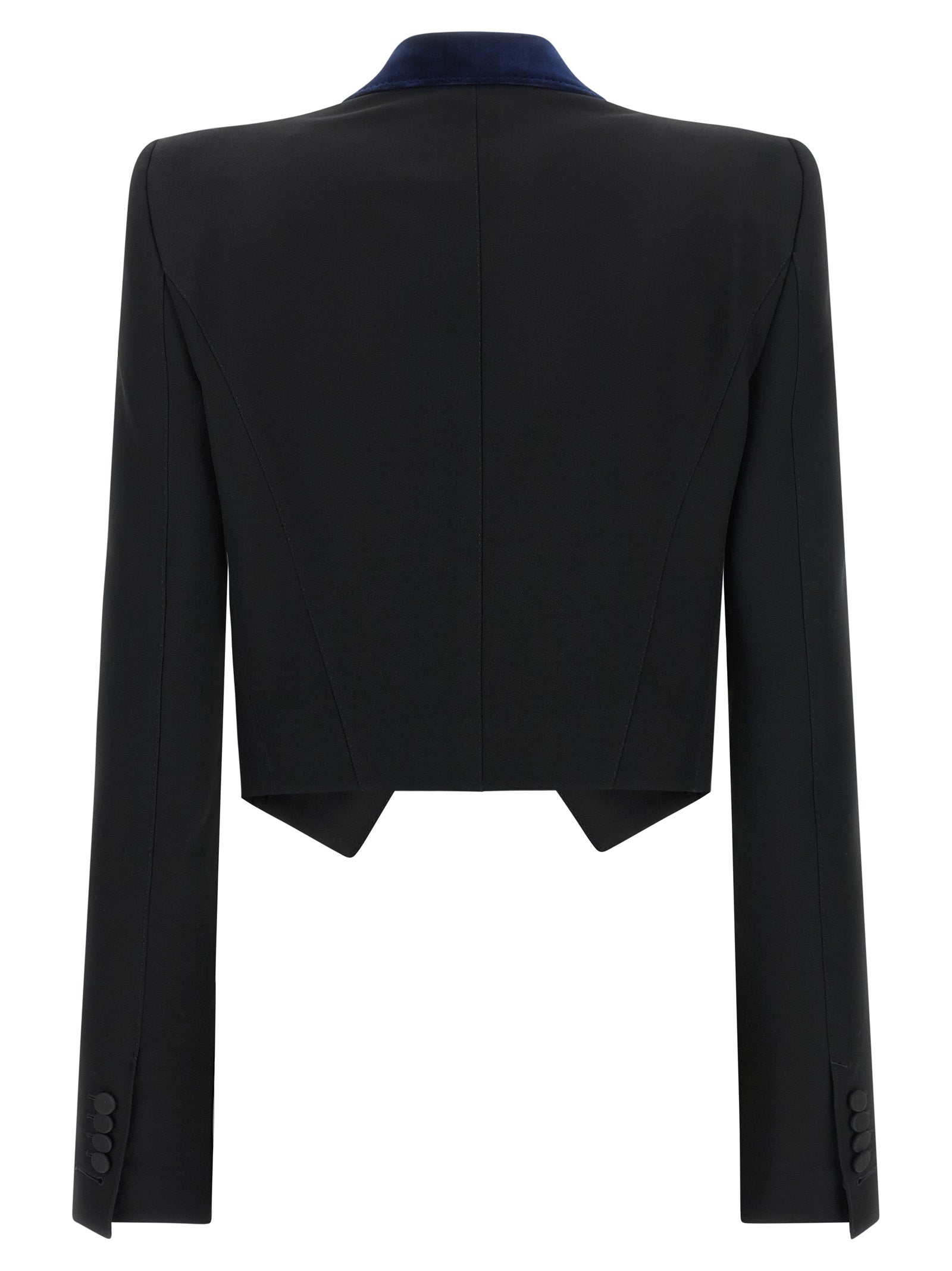 Blazer by Tom Ford for women in wool satin velvet black & dark-blue showcases a discerning silhouette, elegantly detailed with a sophisticated and premium for a truly discerning finish.