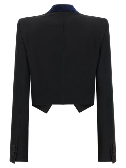 Blazer by Tom Ford for women in wool satin velvet black & dark-blue showcases a discerning silhouette, elegantly detailed with a sophisticated and premium for a truly discerning finish.