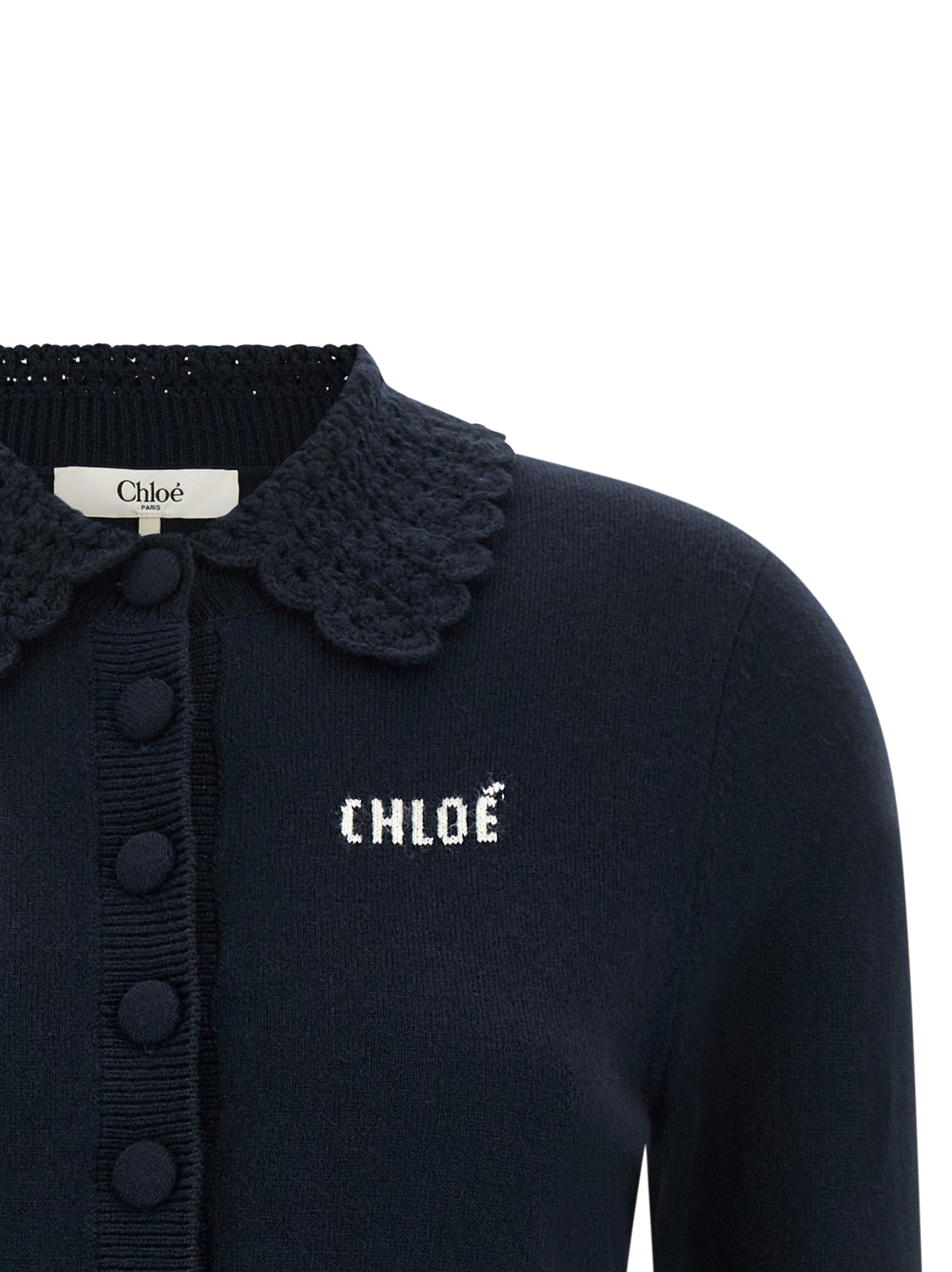 Cardigan by Chloé for women in wool navy features a dramatic silhouette, showcasing a sophisticated and dramatic detail for a timeless, premium look.
