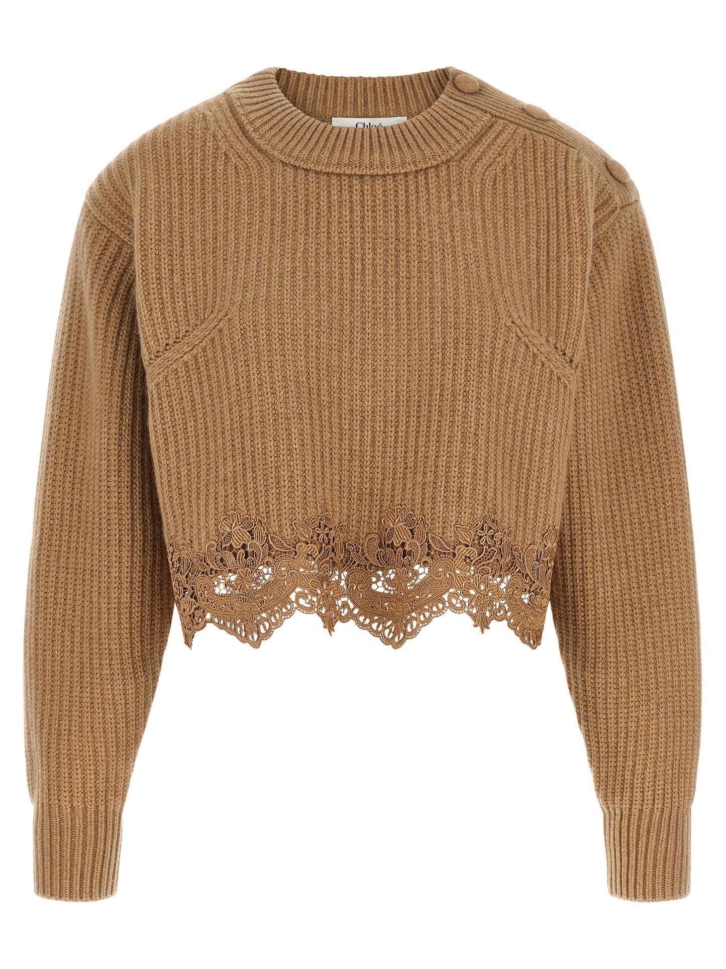 Cardigan by Chloé for women in cashmere wool beige presents a textural silhouette, artfully finished with a textural round neckline and for a sophisticated, textural look.