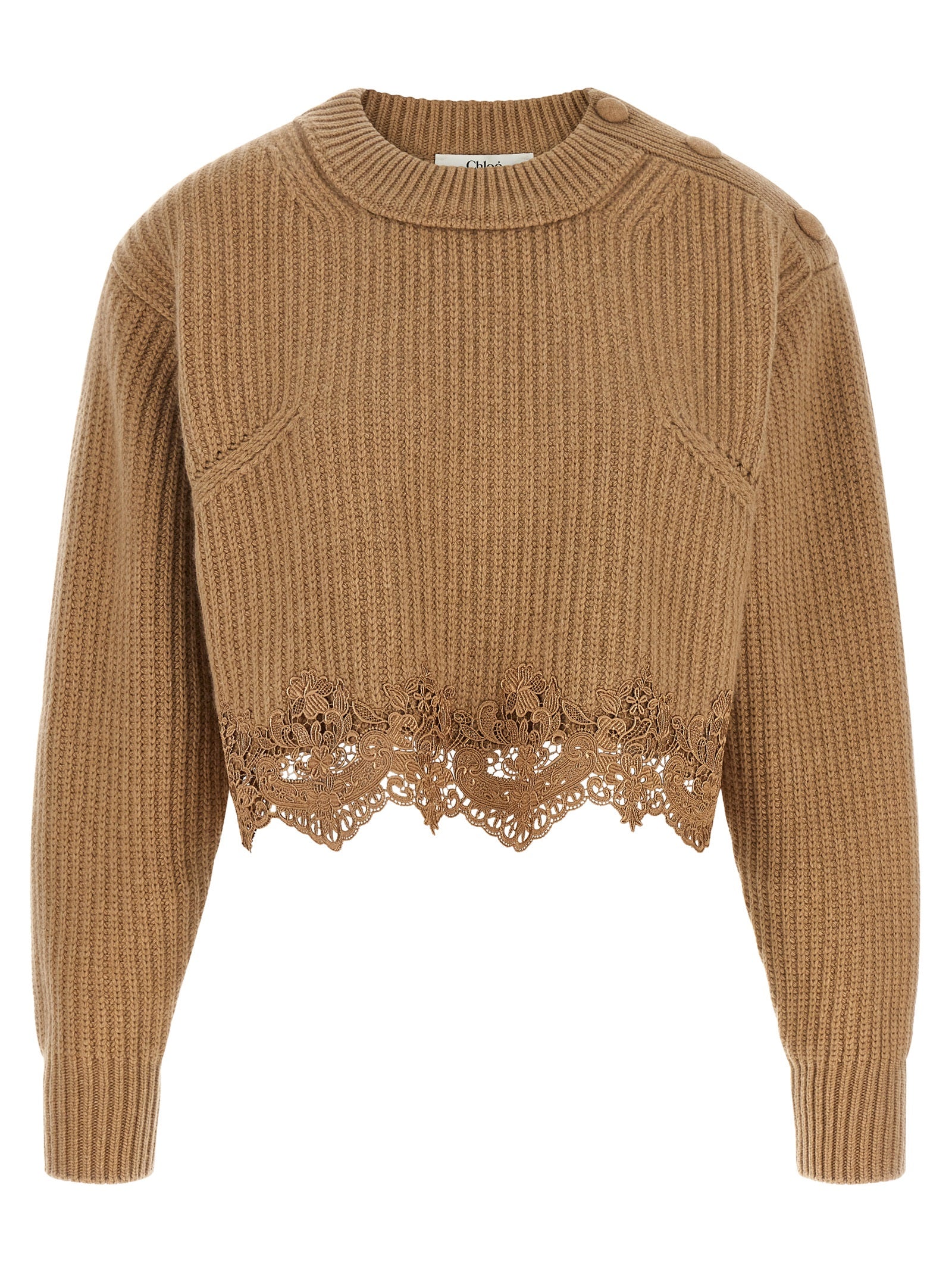 Cardigan by Chloé for women in cashmere wool beige presents a textural silhouette, artfully finished with a textural round neckline and for a sophisticated, textural look.