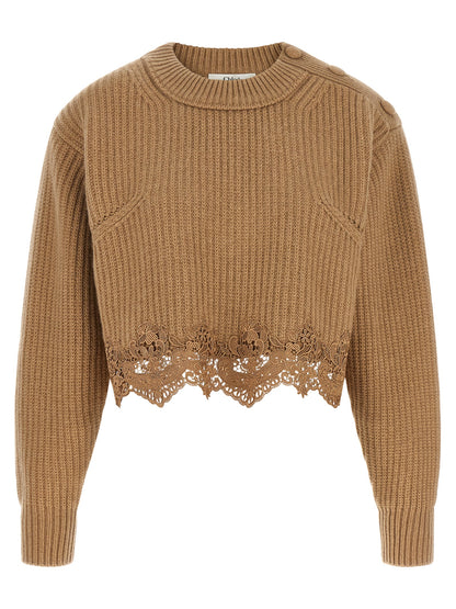 Cardigan by Chloé for women in cashmere wool beige presents a textural silhouette, artfully finished with a textural round neckline and for a sophisticated, textural look.