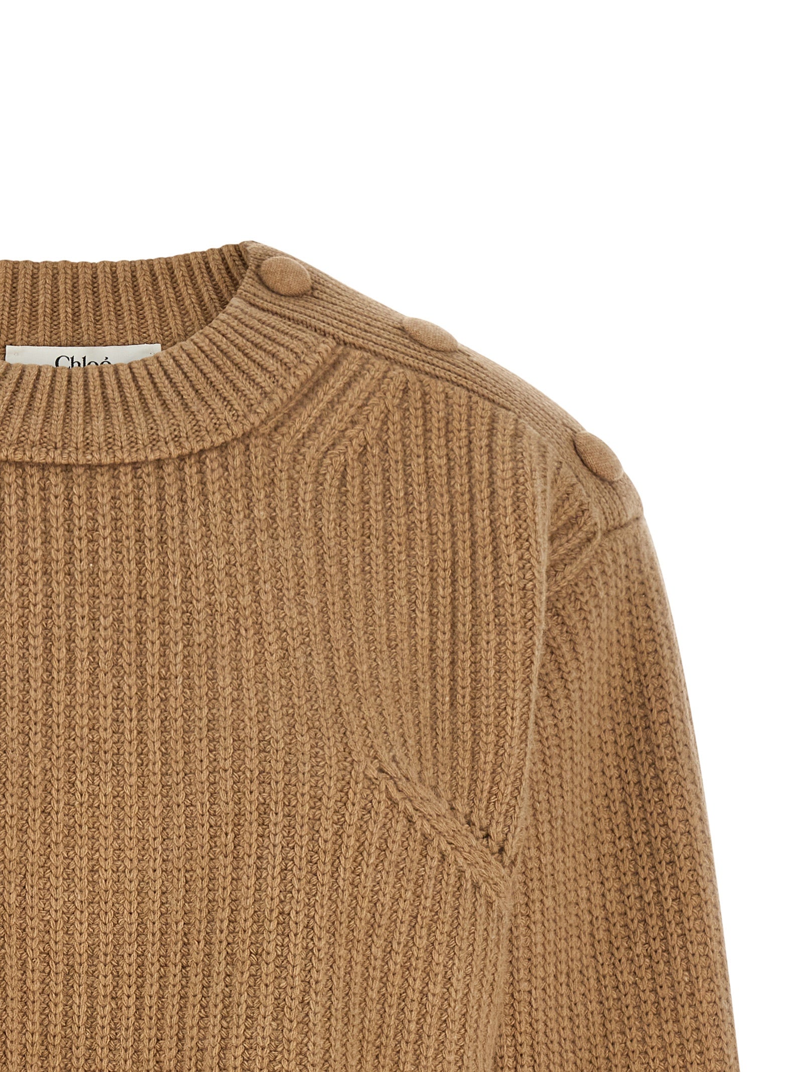 Cardigan by Chloé for women in cashmere wool beige showcases a luxurious silhouette, meticulously detailed with a sophisticated round neckline and for a refined finish.
