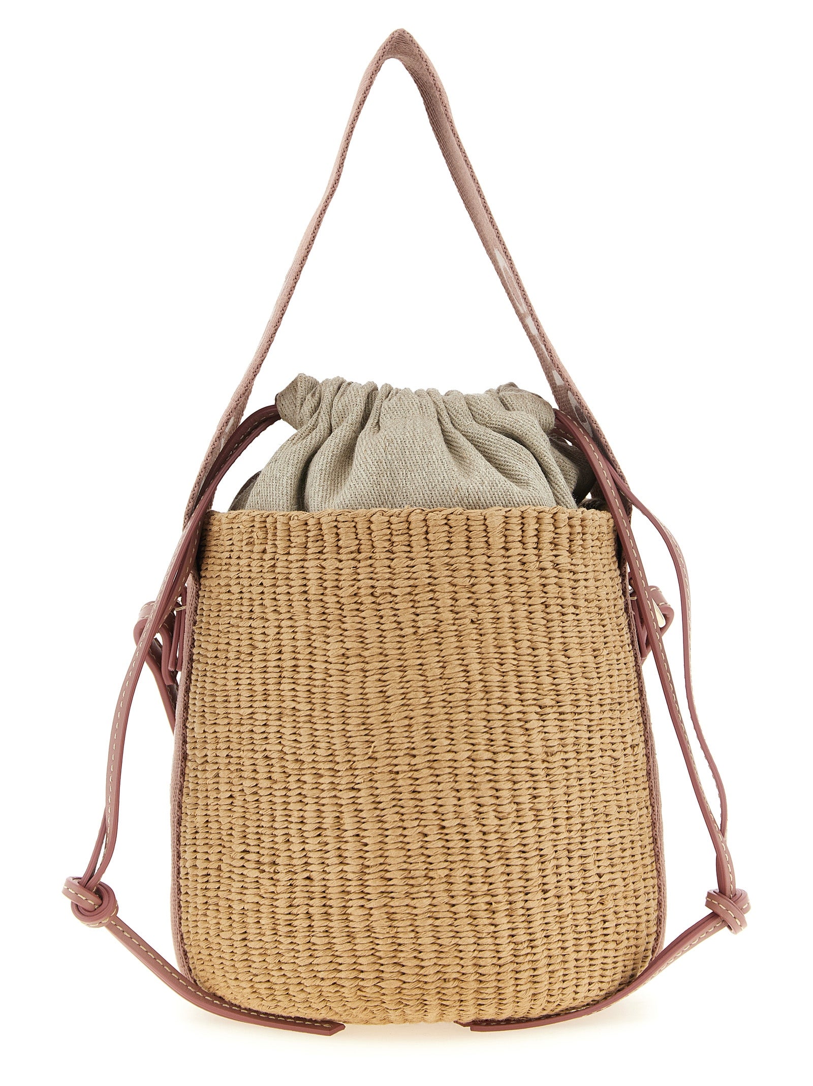 Small Bucket Handbag by Chloé for women in calfskin suede leather beige, natural & signature features a refined silhouette, showcasing a secure drawstring, organized , and versatile shoulder-strap & handle for a refined finish.