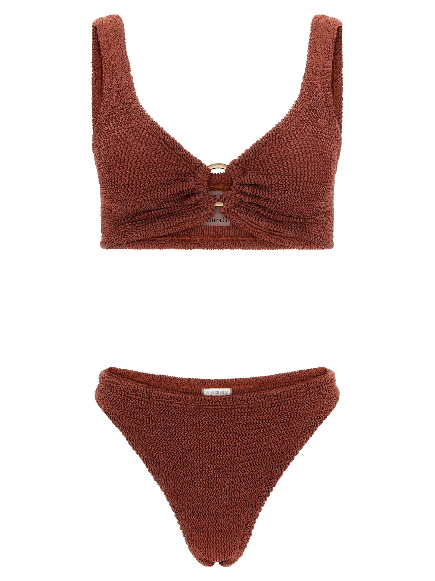 This Bikini by Hunza G for women in stretch polyamide brown & gold features a beach chic silhouette from the Hug Icon Women's Stretch Polyamide Bikini collection, showcasing a beach chic cut for a refined poolside look.
