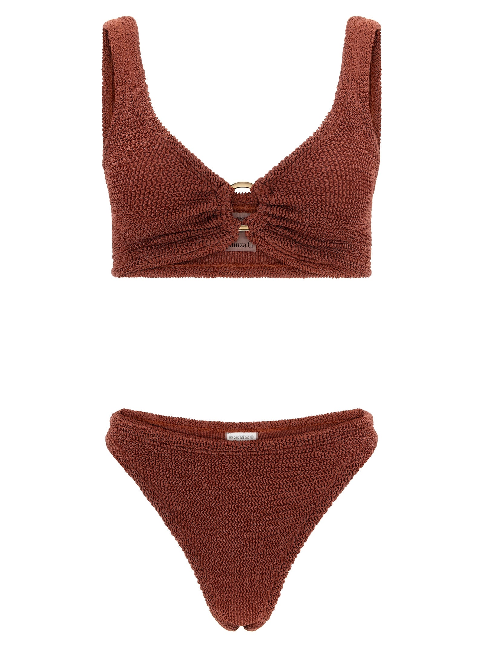 This Bikini by Hunza G for women in stretch polyamide brown & gold features a beach chic silhouette from the Hug Icon Women's Stretch Polyamide Bikini collection, showcasing a beach chic cut for a refined poolside look.