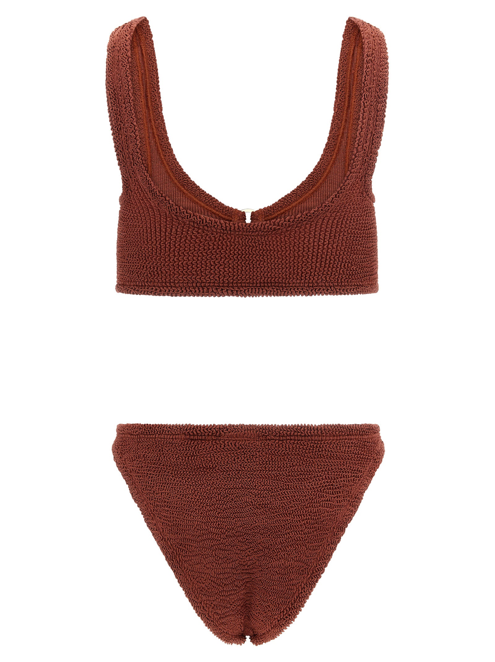 Bikini by Hunza G for women in stretch polyamide brown & gold features an dramatic silhouette, artfully capturing the essence of the dramatic Hug Icon Women's Stretch Polyamide Bikini design with a sophisticated dramatic cut.
