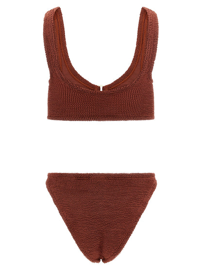 Bikini by Hunza G for women in stretch polyamide brown & gold features an dramatic silhouette, artfully capturing the essence of the dramatic Hug Icon Women's Stretch Polyamide Bikini design with a sophisticated dramatic cut.