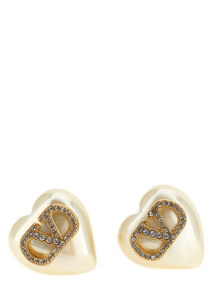 Earrings by Valentino Garavani for women in denim cotton gold, pearl & signature features an ornate from the Heart V Logo Women's Gold Brass & Pearls Earrings collection, showcasing a ornate finish that embodies sophisticated luxury.
