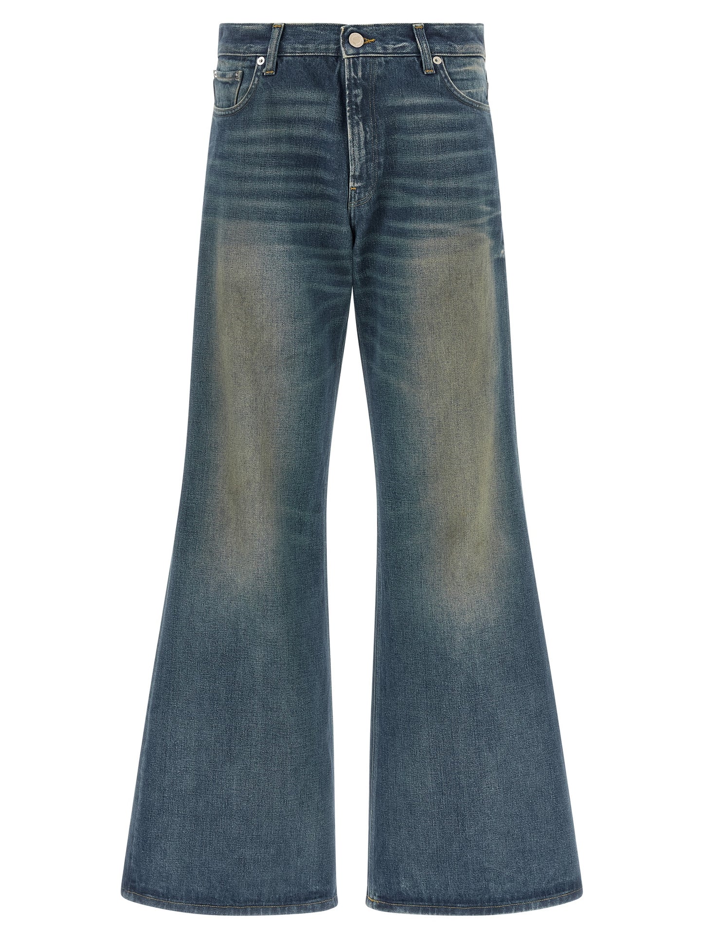 Jeans by Haikure for women in denim cotton blue, brown & silver presents a tailored silhouette, showcasing a tailored flared & wide and long cut with a refined for a truly tailored aesthetic.