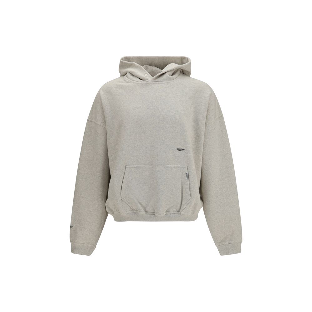 Sweatshirt Hoodie by Represent for men in cotton beige & signature features an dramatic silhouette, showcasing a sophisticated hooded neckline and dramatic for a refined, modern aesthetic.
