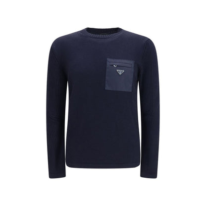 Sweatshirt by Prada for men in virgin wool blue features an magnificent silhouette, showcasing a sophisticated crew neckline and detail for a truly magnificent finish.