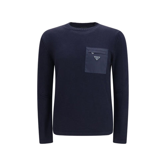 Sweatshirt by Prada for men in virgin wool blue features an magnificent silhouette, showcasing a sophisticated crew neckline and detail for a truly magnificent finish.