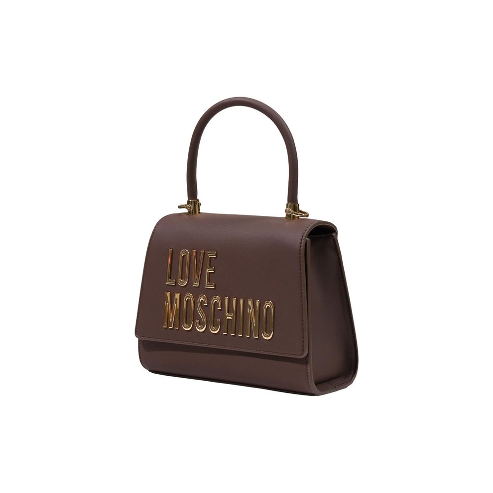 Small Flap Handbag by Love Moschino for women in polyethylene & polyurethane brown & gold features a signature silhouette, showcasing a secure flap and signature with versatile handle for a sophisticated look.