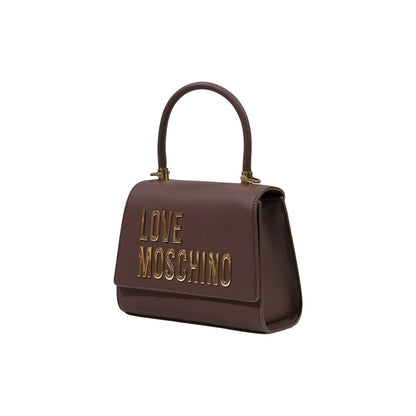Small Flap Handbag by Love Moschino for women in polyethylene & polyurethane brown & gold features a signature silhouette, showcasing a secure flap and signature with versatile handle for a sophisticated look.