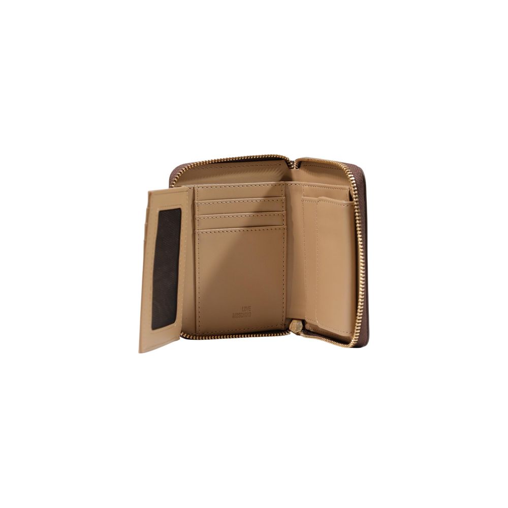 Wallet by Love Moschino for women in polyester polyurethane & polyethylene brown & gold showcases a refined silhouette, artfully detailed with the signature style of the Polyester Polyurethane & Polyethylene Wallet and functional compact-design.