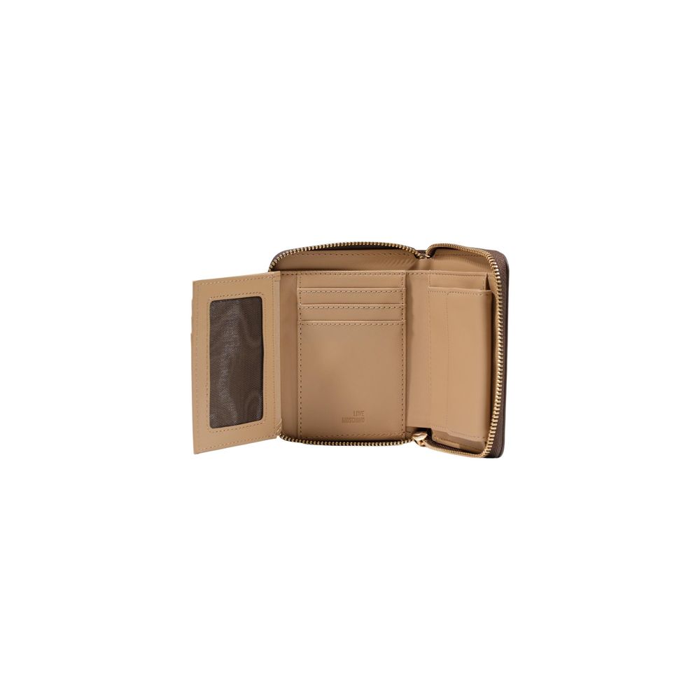 Wallet by Love Moschino for women in polyester polyurethane & polyethylene brown & gold presents a architectural silhouette from the Polyester Polyurethane & Polyethylene Wallet collection, showcasing architectural compact-design for a architectural finish.