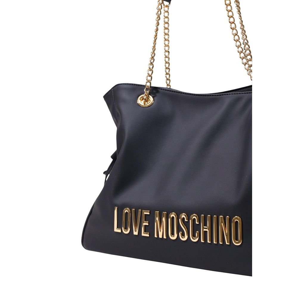 Large Shopper Handbag by Love Moschino for women in faux leather black & gold features a signature silhouette, showcasing a secure and signature with versatile handle for a sophisticated look.