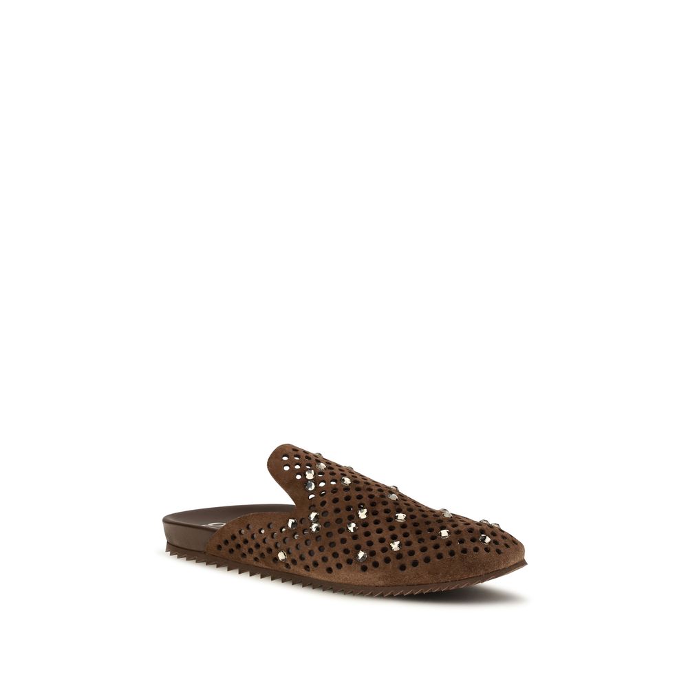 Mules Flat Shoes by Pedro García for women in bos taurus suede calf leather & rhinestone brown showcases a resplendent Women's Bos Taurus Suede Calf Leather & Rhinestone Mules Flat Shoes aesthetic with a and .