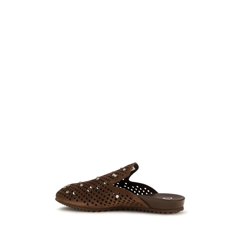 Mules Flat Shoes by Pedro García for women in bos taurus suede calf leather & rhinestone brown features an statuesque silhouette from the Women's Bos Taurus Suede Calf Leather & Rhinestone Mules Flat Shoes collection, showcasing a and a statuesque for a statuesque look.