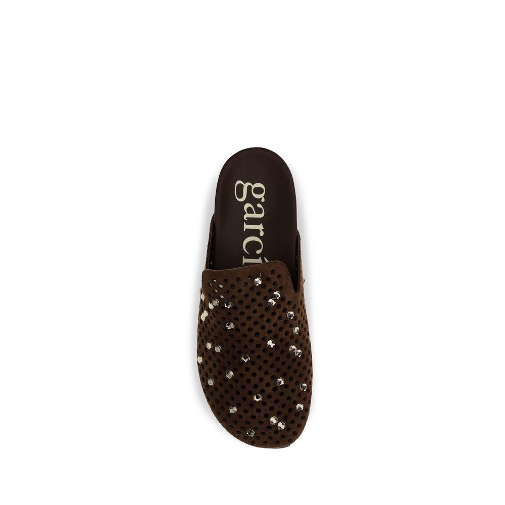 Mules Flat Shoes by Pedro García for women in bos taurus suede calf leather & rhinestone brown features an captivating silhouette, showcasing the captivating style of the Women's Bos Taurus Suede Calf Leather & Rhinestone Mules Flat Shoes with its distinct and refined .