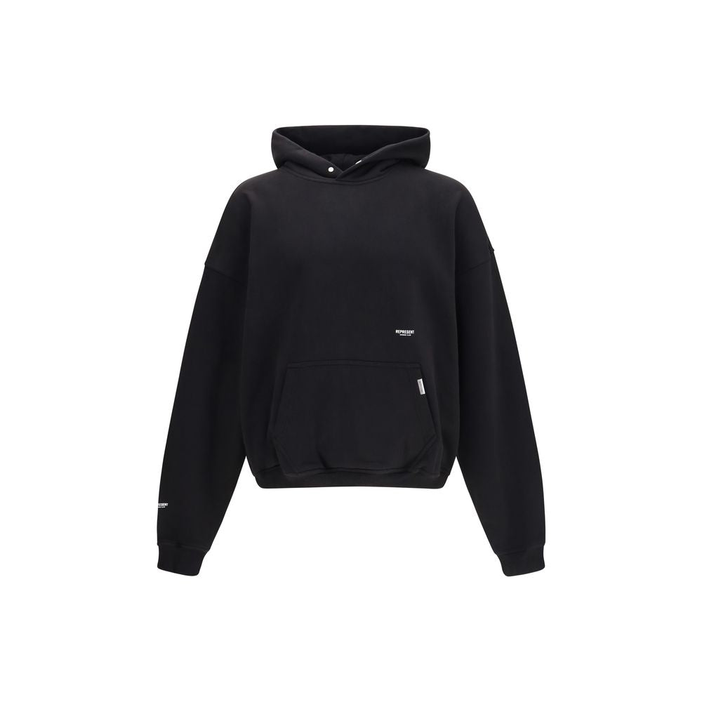 Sweatshirt Hoodie by Represent for men in cotton black & signature features an dramatic silhouette, showcasing a sophisticated hooded neckline and dramatic for a refined, modern aesthetic.