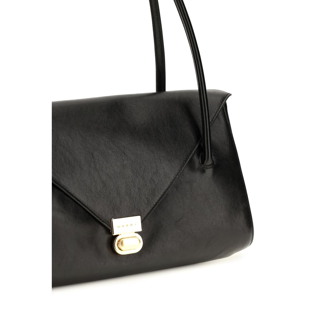 East West Shoulder Envelope Bag by Marni for women in bio-acetate canvas & bos taurus calfskin leather black presents a versatile silhouette, showcasing a secure flap & zipper and versatile with versatile shoulder-strap & handle for a sophisticated look.