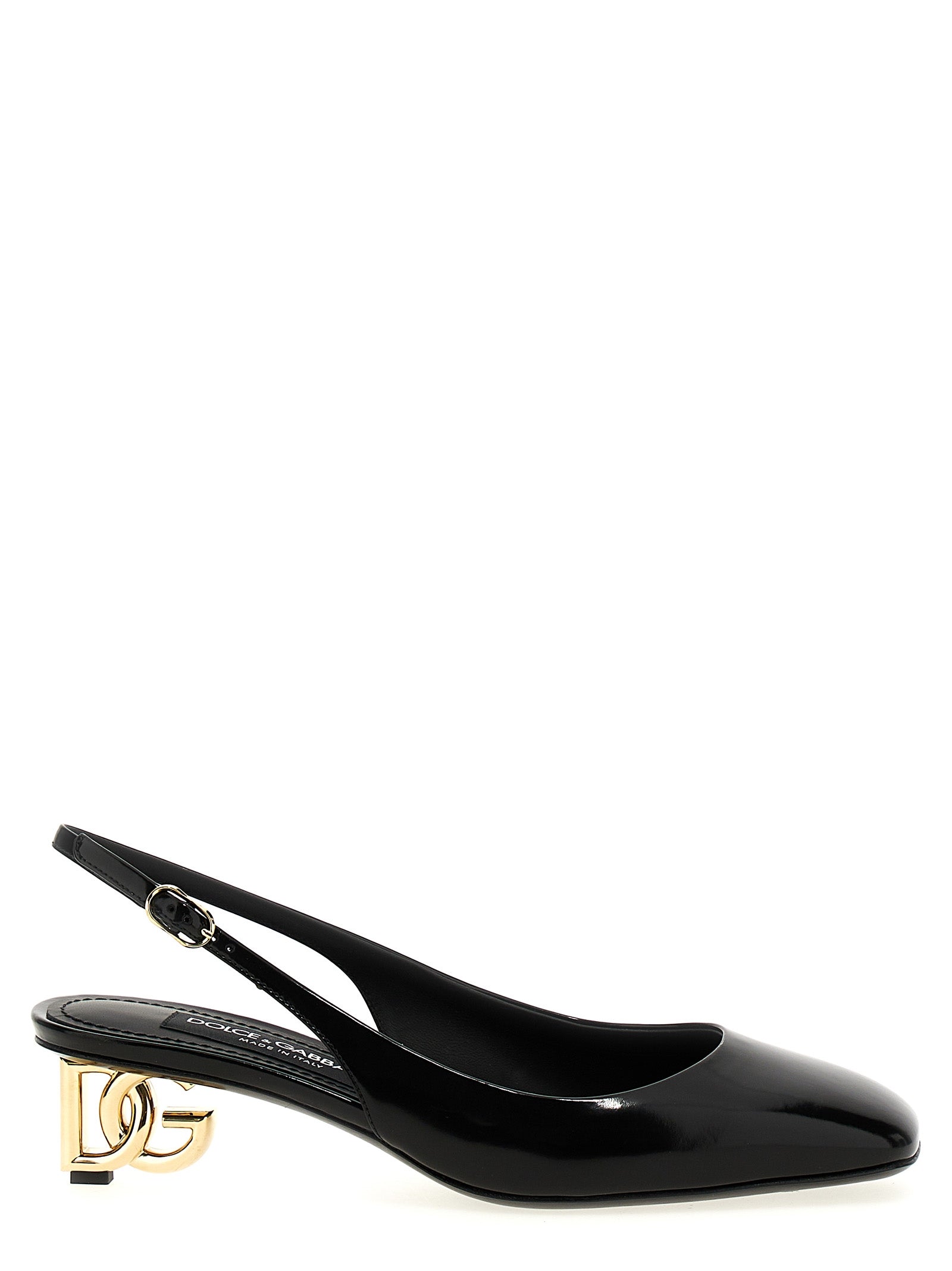 Mid-Heel Slingback Pumps Heels by Dolce & Gabbana for women in calfskin leather & carbon black & gold features a effortless chic silhouette, showcasing the Jackie Women's Calfskin Leather & Carbon Mid-Heel Slingback Pumps Heels design with a effortless chic mid-heel and square toe style for a effortless chic finish.