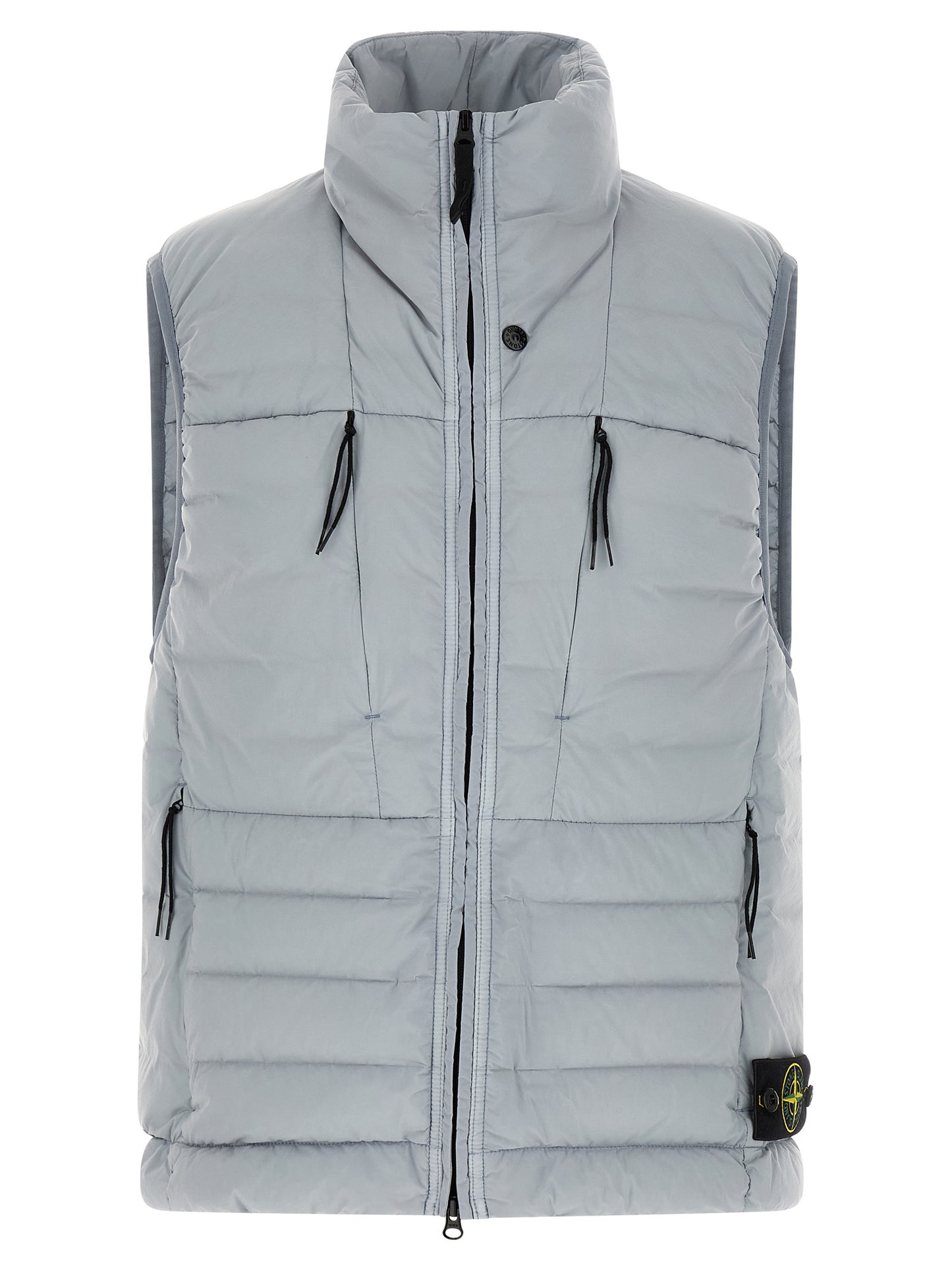Vest by Stone Island for men in stretch polyamide gray showcases a utilitarian silhouette, artfully incorporating lightweight, pockets & insulated and a utilitarian high-collar neckline for a truly utilitarian finish.