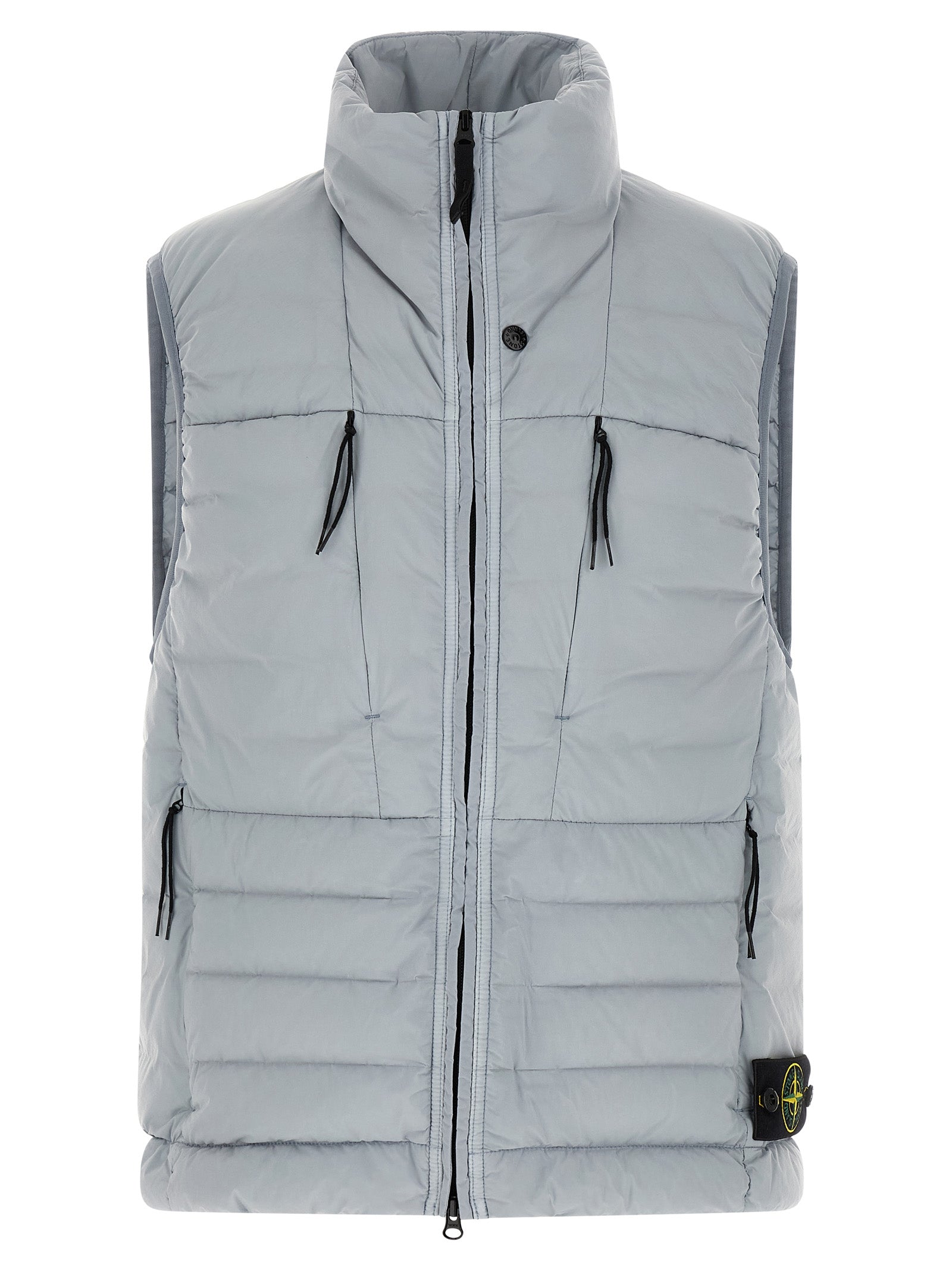 Vest by Stone Island for men in stretch polyamide gray showcases a utilitarian silhouette, artfully incorporating lightweight, pockets & insulated and a utilitarian high-collar neckline for a truly utilitarian finish.