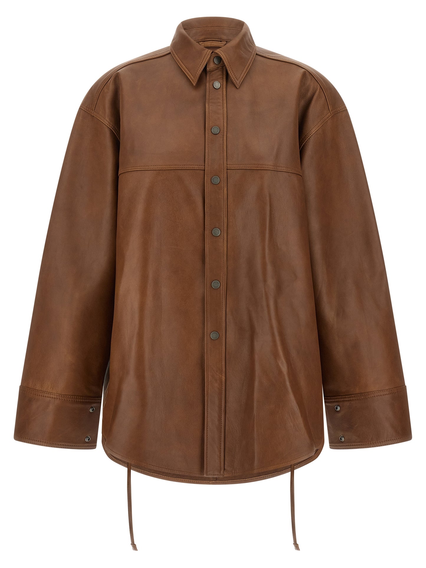 Overshirt by Haikure for women in lambskin leather brown showcases a sharp silhouette, elegantly detailed with a sharp and sharp .